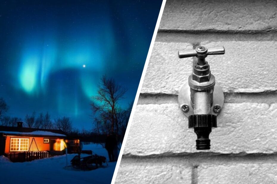 Til venstre en opplyst hytte i snø under nordlys, til høyre en utvendig vannkran på en hvit murvegg.